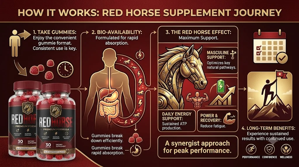 How Red Horse works: take your gummy, formulated for absorption, daily energy support and long-term use